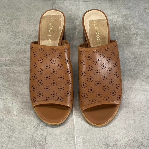 Jack Rogers Women's Mocha Leather Ronnie Perforated Peep-Toe Sandals SZ 7 - Picture 4 of 9